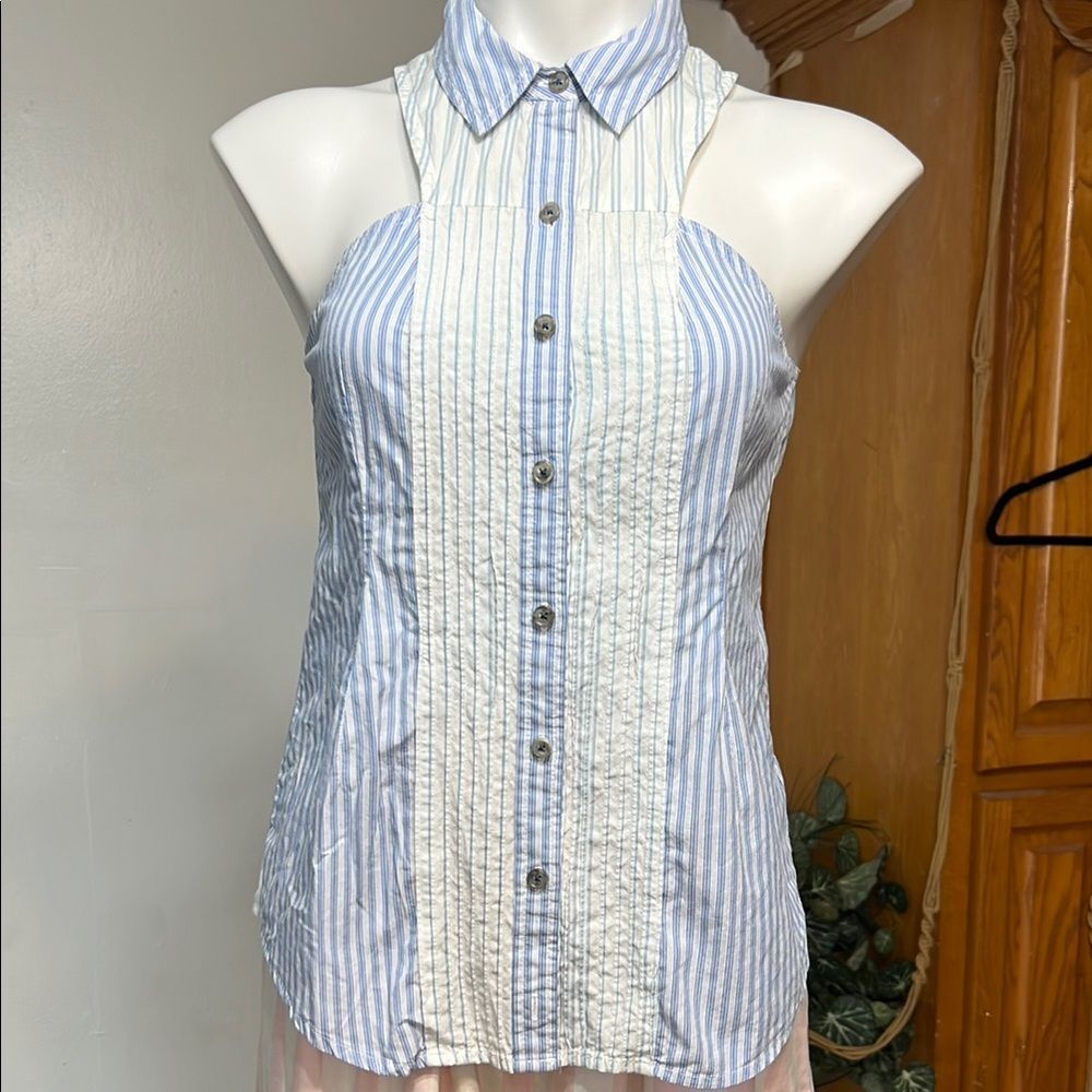 Maeve Striped Button-Up Blouse in Blue and White